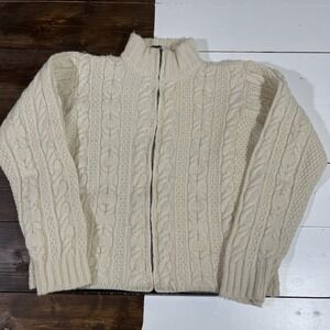Inis Crafts Full Zip‎ Cable Knit Sweater Sz M Ivory Merino Wool Ireland